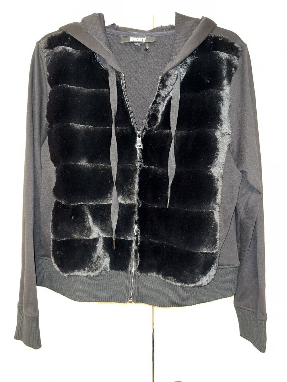 DKNY Black Faux Fur Full Zip Jacket-Women's size Medium
